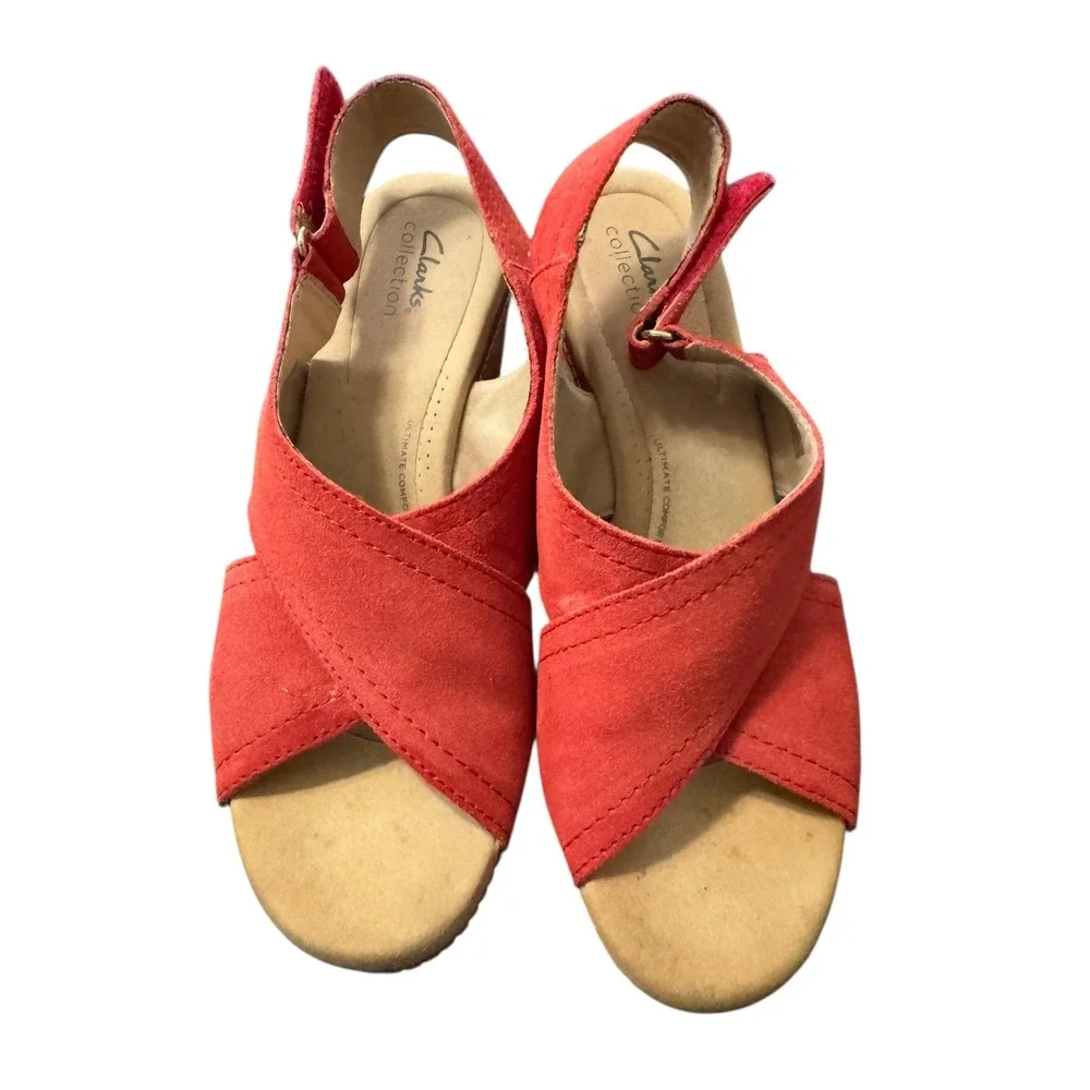 Clarks Collection Red Suede Wedge Slingback Sandals Women US 7.5 UK 5.5 - Picture 9 of 9